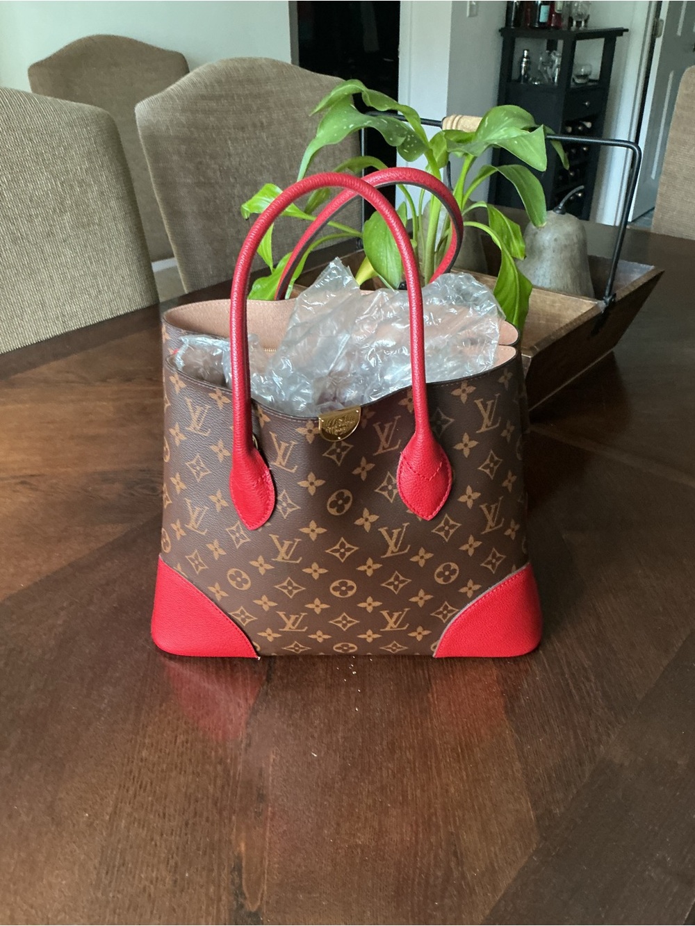 Louis Vuitton Brown Monogram Tote with Red Trim and Handles. PM authenticated